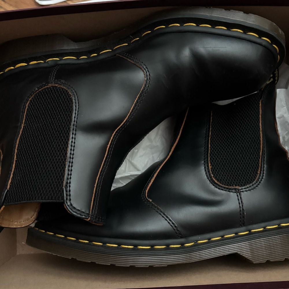 Dr. Martens Black Leather Boots with Yellow Stitching